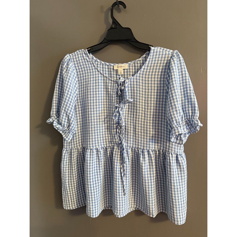 Tamara H Blue and White Gingham Print Top Women Size M